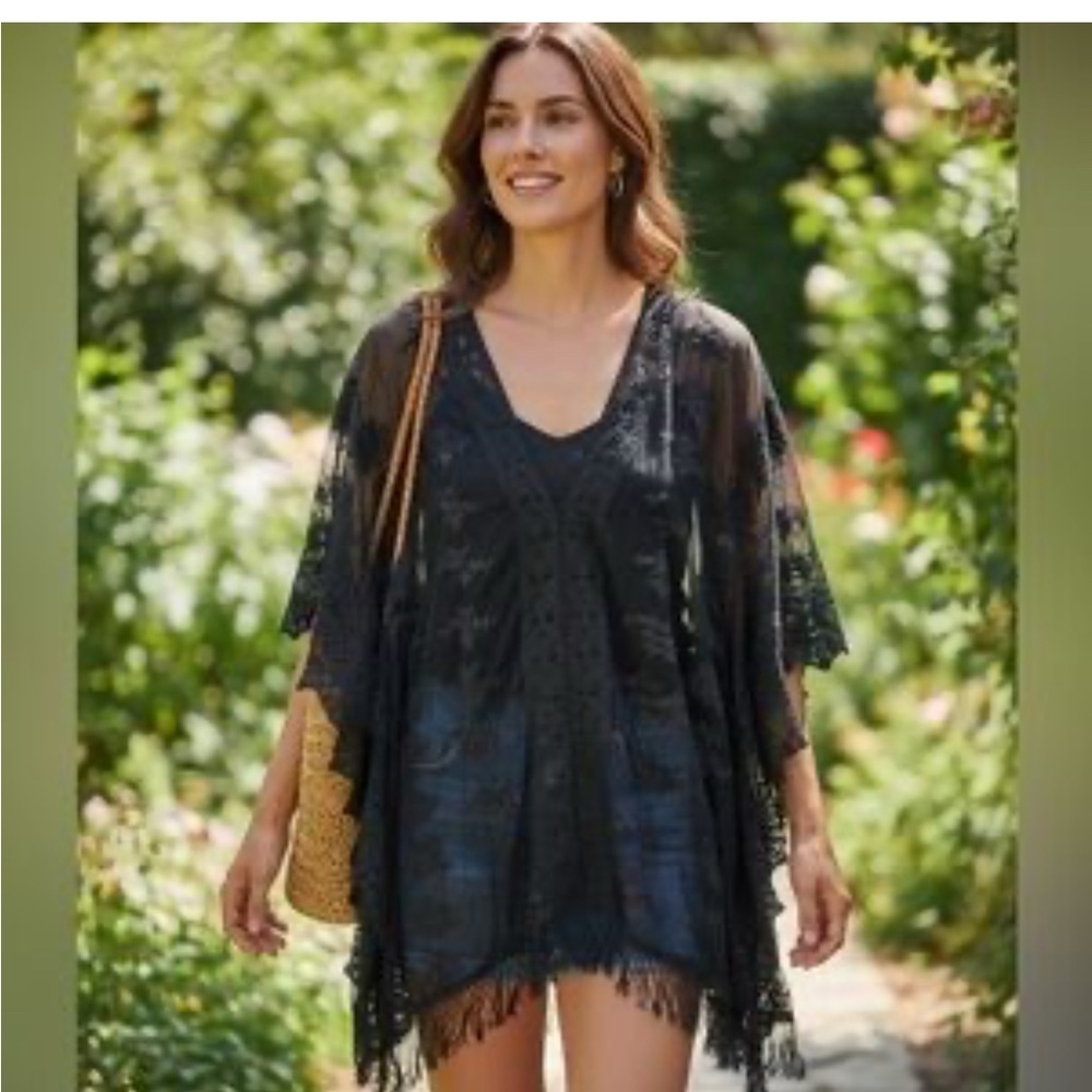 Solitaire Swim Black Lace Fringe Kimono Sheer Boho Festival Cover Up Resortwear